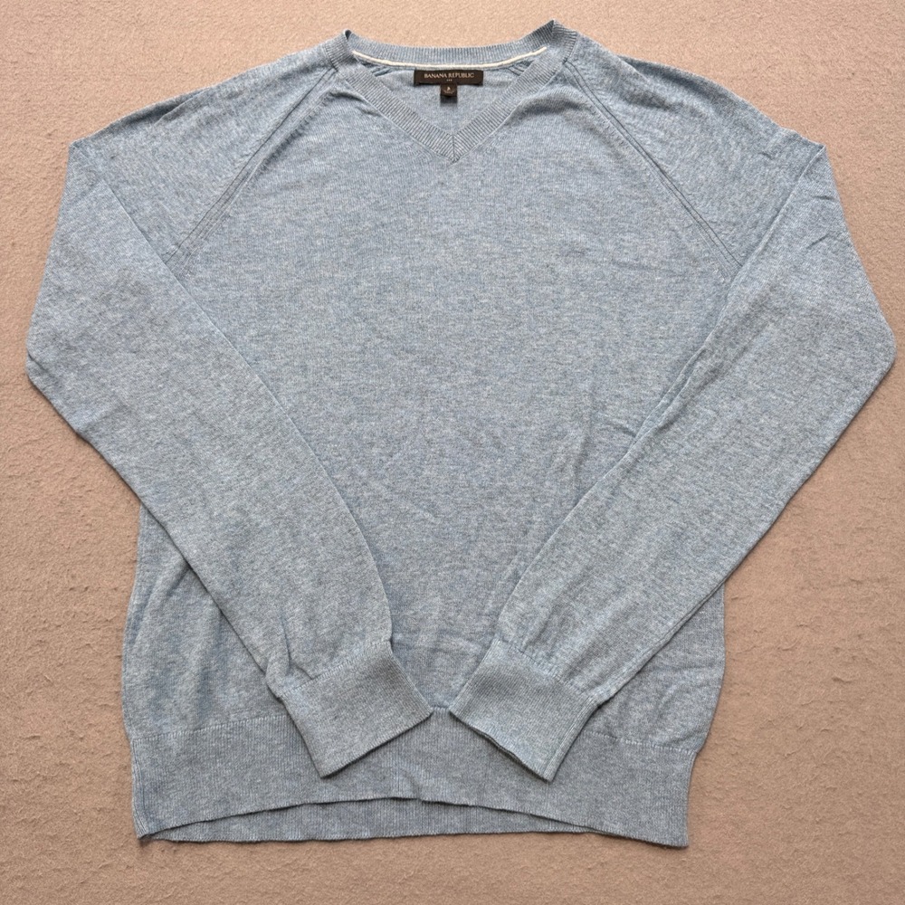 Banana Republic Sweater Men's Small Blue V-Neck Heathered Knit Cotton Pullover